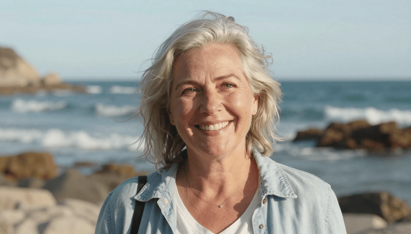 Freepik Happy 50 Woman With Light White Hair Beaming at Ca 8063